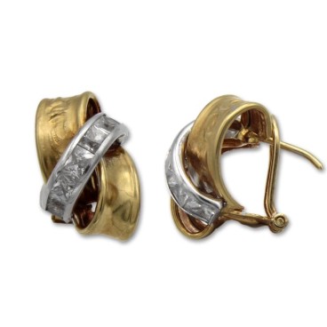 Pendiente oro bicolor  y circonitas con ondas
