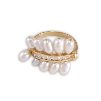 Juego de pendientes y sortija de oro con circonitas y perlas