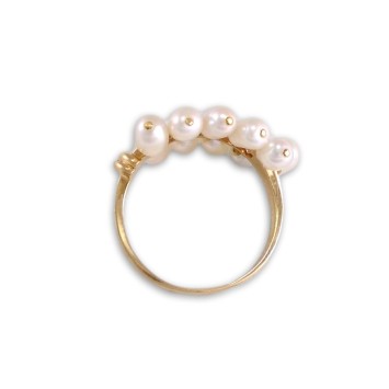 Juego de pendientes y sortija de oro con circonitas y perlas