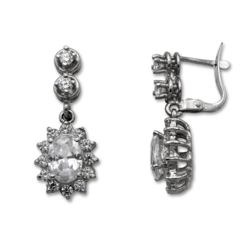 Pendiente largo oro blanco circonitas oval