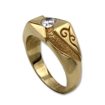 Solitario para hombre en oro con circonita laterales mate y filigrana