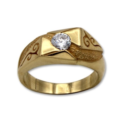 Solitario para hombre en oro con circonita laterales mate y filigrana