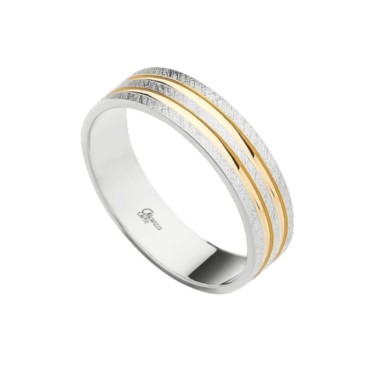 Alianza de plata plata dos líneas de oro diamantada