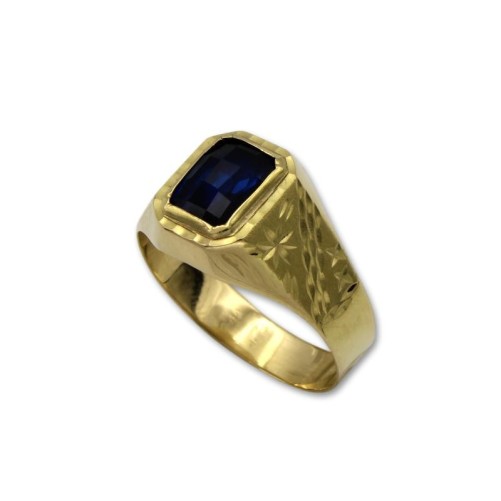 Sello de oro rectangular con tallas y zafiro