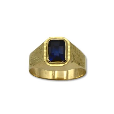 Sello de oro rectangular con tallas y zafiro