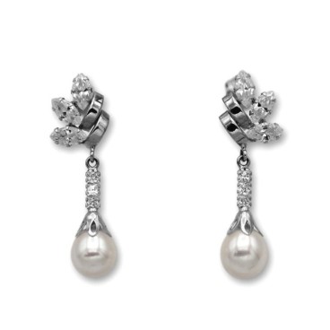 Pendiente de oro blanco con circonitas y perlas