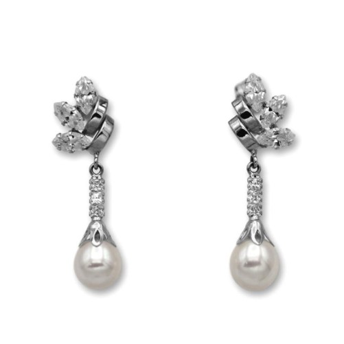 Pendiente de oro blanco con circonitas y perlas