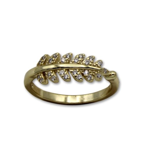 Anillo de plata bañado en oro abierto de una hoja con circonitas