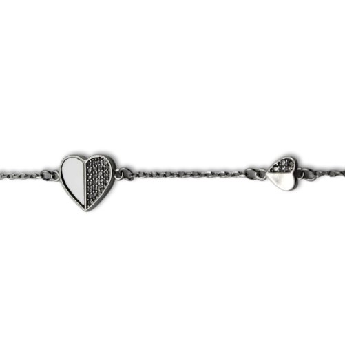 Pulsera de plata de dos corazones con circonitas y nácar