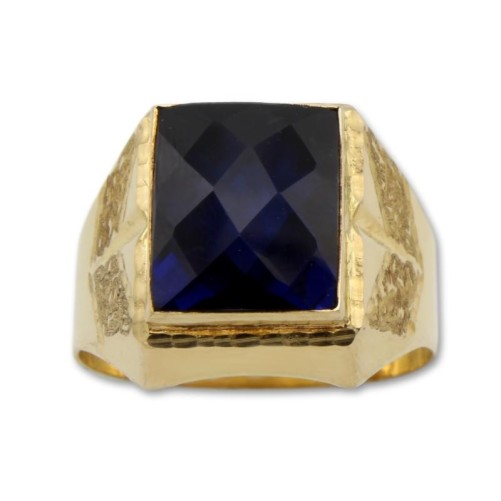 Sello de oro rectangular con tallas laterales y zafiro