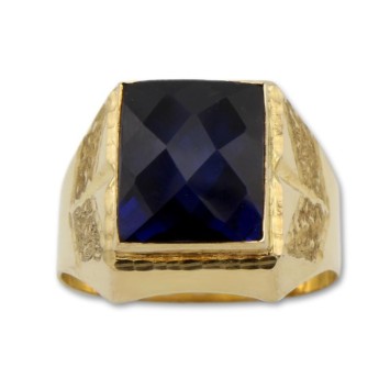 Sello de oro rectangular con tallas laterales y zafiro