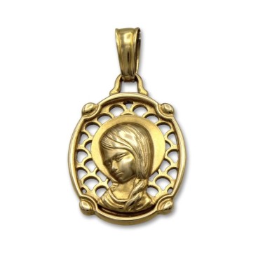 Medalla de oro virgen niña ovalada con fondo calado