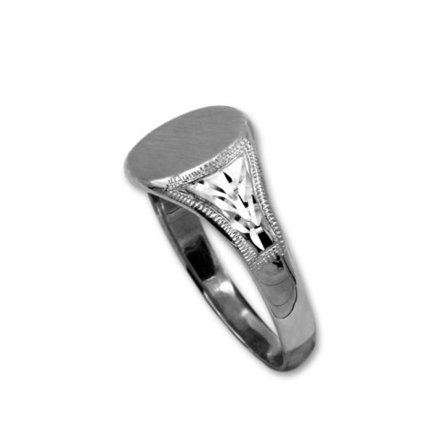 Sello de oro blanco redondo con laterales tallados macizo