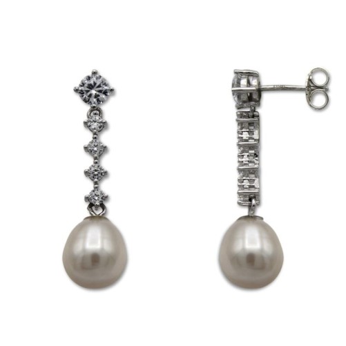 Pendiente de plata largo con circonitas y perla forma de pera