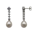 Pendiente de plata largo con circonitas y perla forma de pera