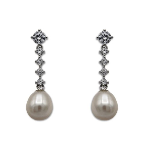 Pendiente de plata largo con circonitas y perla en forma de pera