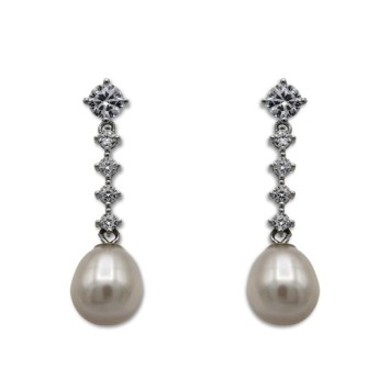 Pendiente de plata largo con circonitas y perla en forma de pera