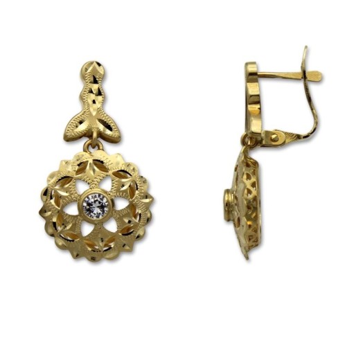 Pendiente de oro largo cordobes mosca con roseta y circonita