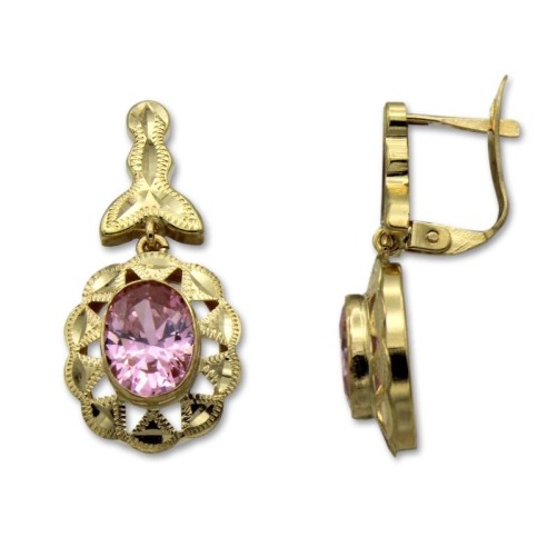 Pendiente oro largo cordobes mosca y roseta oval rosa de francia