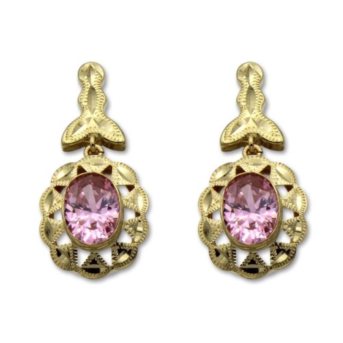 Pendiente oro largo cordobes mosca y roseta oval rosa de francia