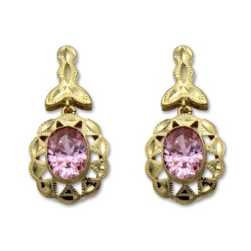 Pendiente oro largo cordobes mosca y roseta oval rosa de francia