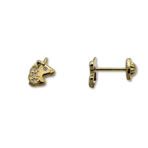 Pendiente de oro unicornio con circonitas