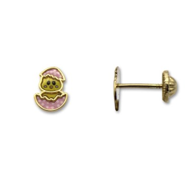 Pendiente de oro pollito amarillo saliendo del huevo con esmalte