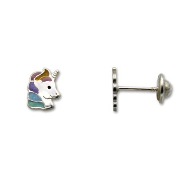 Pendiente de plata unicornio con esmalte arcoiris
