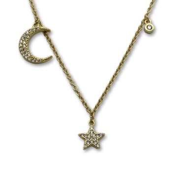 Gargantilla en plata de una luna con estrella bañadas en oro