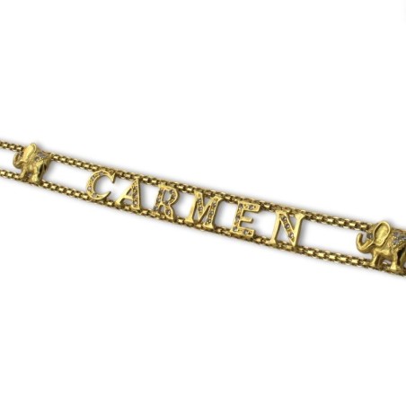 Pulsera de oro con nombre Carmen y dos elefantes
