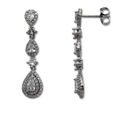 Pendiente de plata largo cuajo con tres circonitas en forma de pera