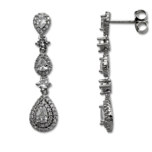 Pendiente de plata largo cuajo con tres circonitas en forma de pera