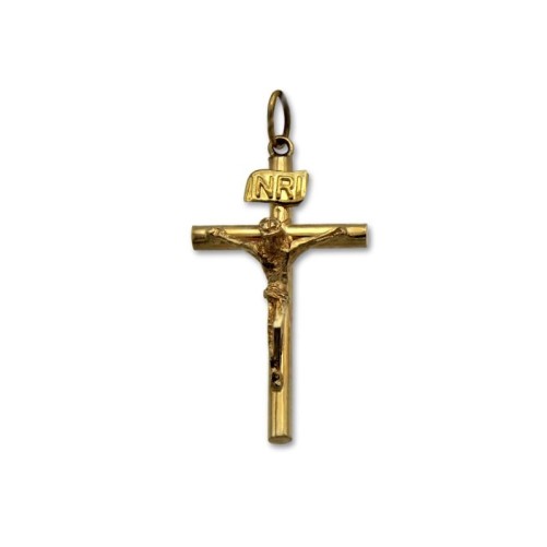 Cruz de oro palos redondos con cristo relieve mediana 2mm