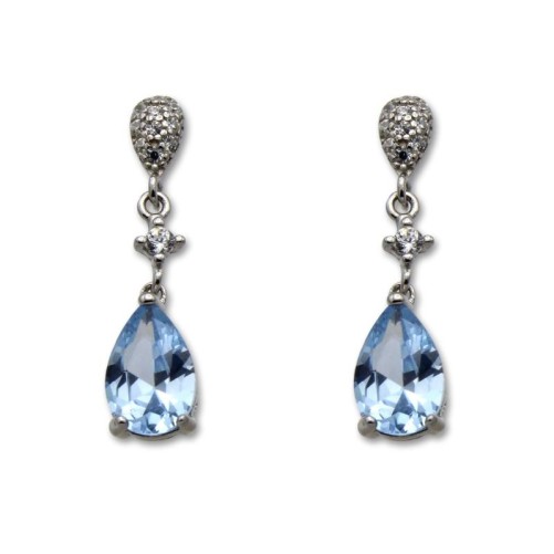 Pendiente de plata largo con circonitas y pera color aguamarina