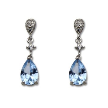 Pendiente de plata largo con circonitas y pera color aguamarina