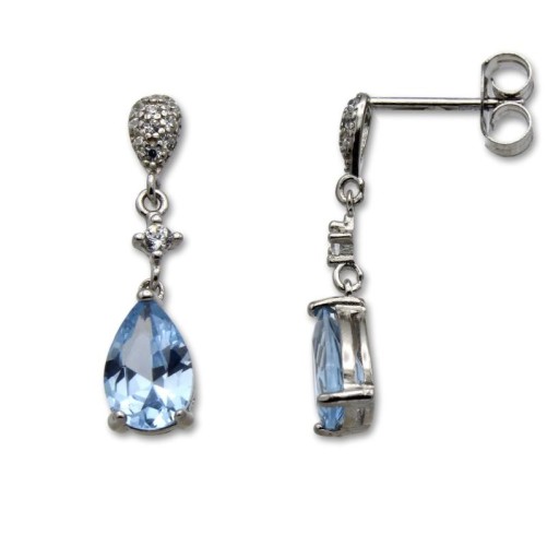 Pendiente de plata largo con circonitas y pera color aguamarina