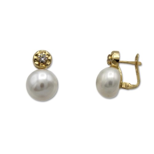 Pendientes de oro solista perla cultivada botón y circonita