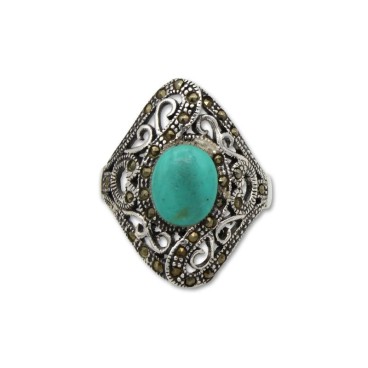 Anillo de plata vieja con marcasitas y piedra color turquesa