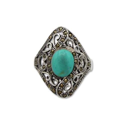 Anillo de plata vieja con marcasitas y piedra color turquesa