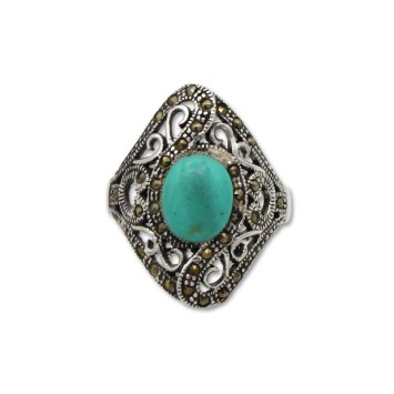 Anillo de plata vieja con marcasitas y piedra color turquesa
