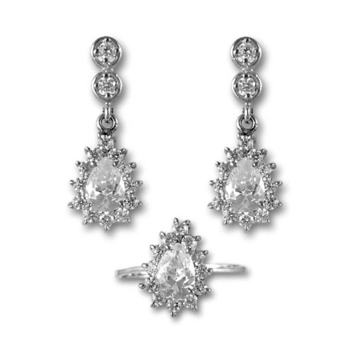 Juego de pendientes largos y sortija de oro blanco con circonitas