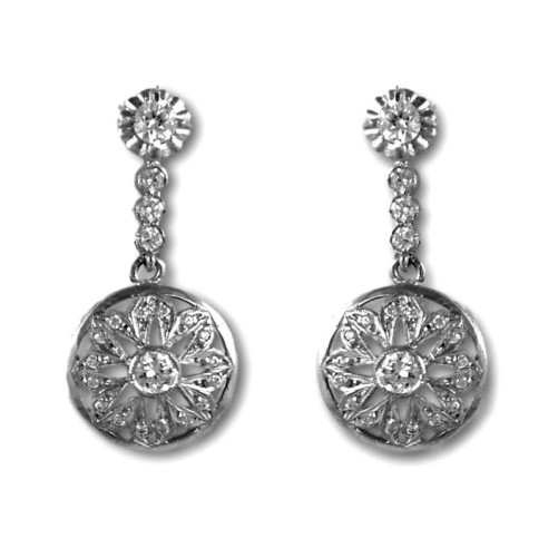 Pendiente largo oro blanco circonitas roseta