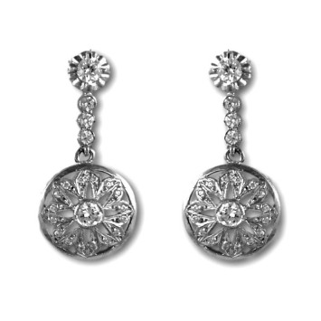 Pendiente largo oro blanco circonitas roseta