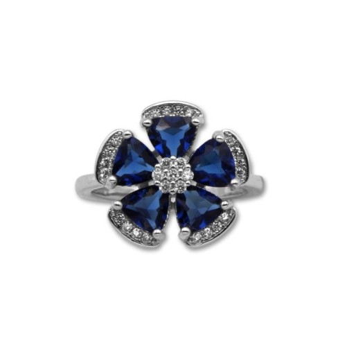 Anillo de plata flor con circonitas azules y blancas