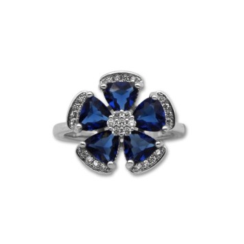 Anillo de plata flor con circonitas azules y blancas