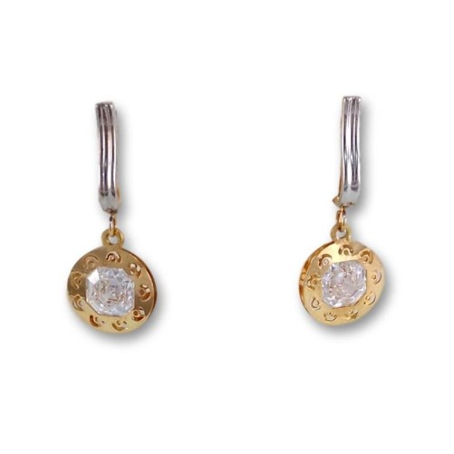 Pendiente oro bicolor circonita cuadrada colgando