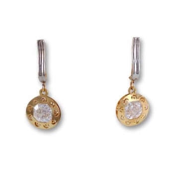 Pendiente oro bicolor circonita cuadrada colgando