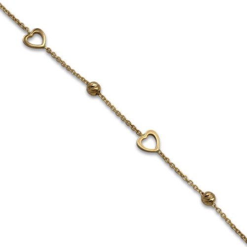 Pulsera de oro con corazones calados y bolas talladas