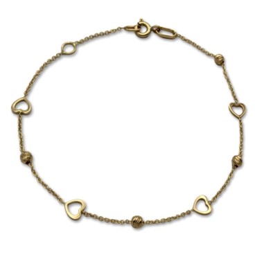 Pulsera de oro con corazones calados y bolas talladas