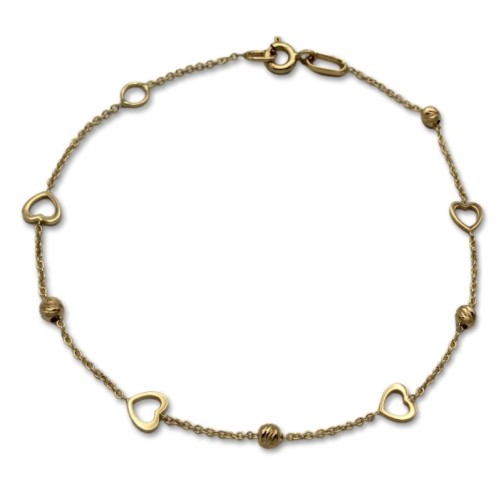 Pulsera de oro con corazones calados y bolas talladas